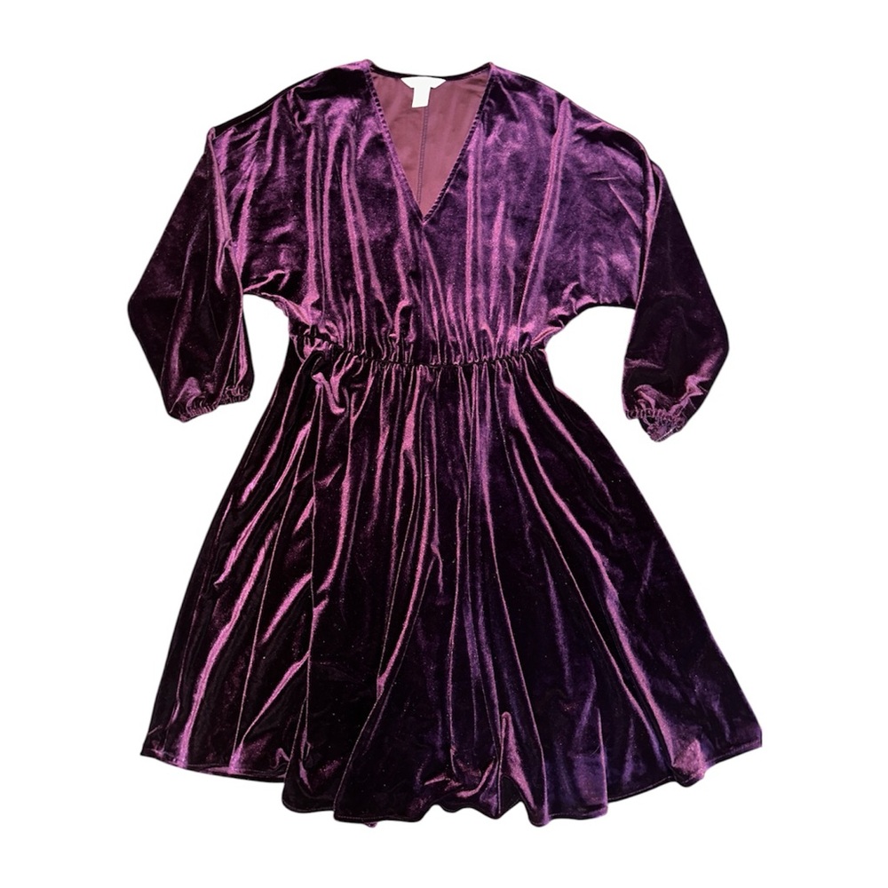 London Times Purple Half Sleeve Velvet V Neck Fit Flare Mini Dress Size M
